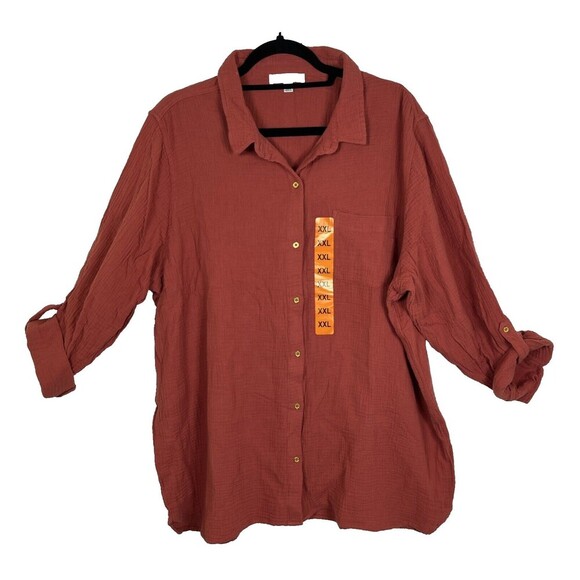 Anne Klein Jeans Lucille Blouse Button Front Roll Tab Sleeve Red Size XXL NWOT - Picture 1 of 6